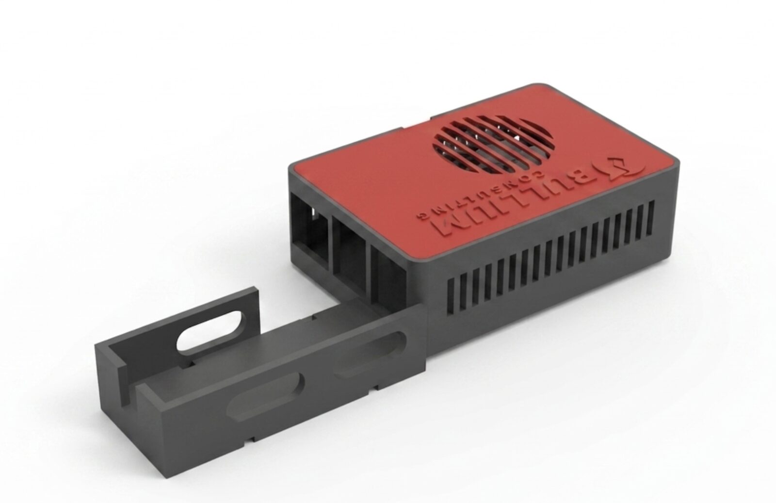 The Bullium field appliance: a Raspberry Pi 5 with an RTL-SDR dongle in a custom two-part 3D-printed enclosure.