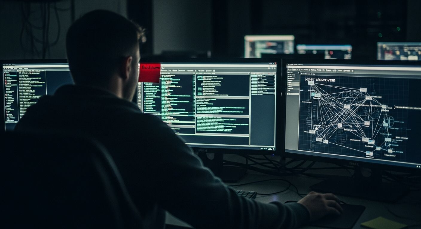 A security practitioner reviewing a live network vulnerability scan across multiple monitors.