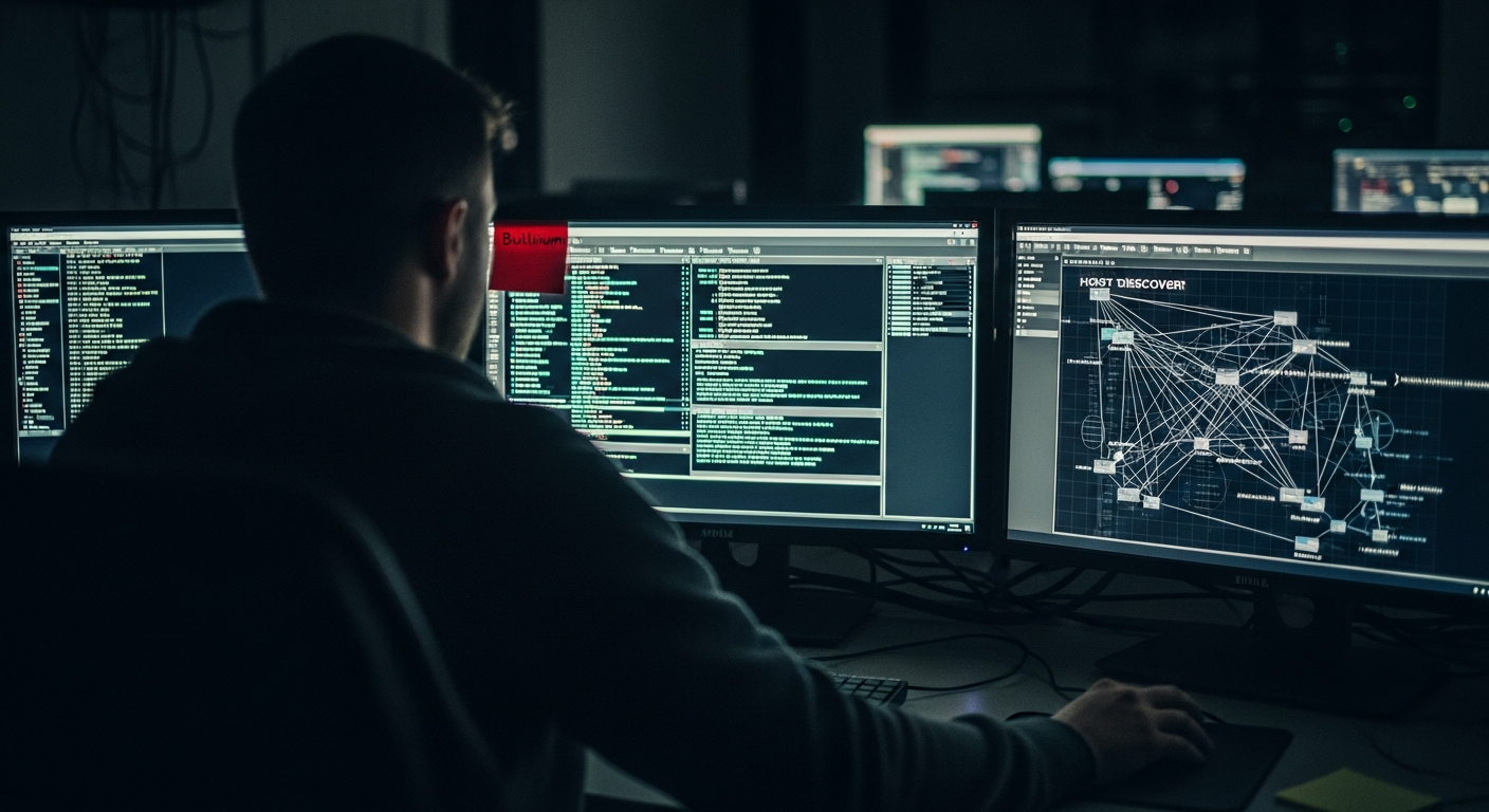 A security practitioner reviewing a live network vulnerability scan across multiple monitors.
